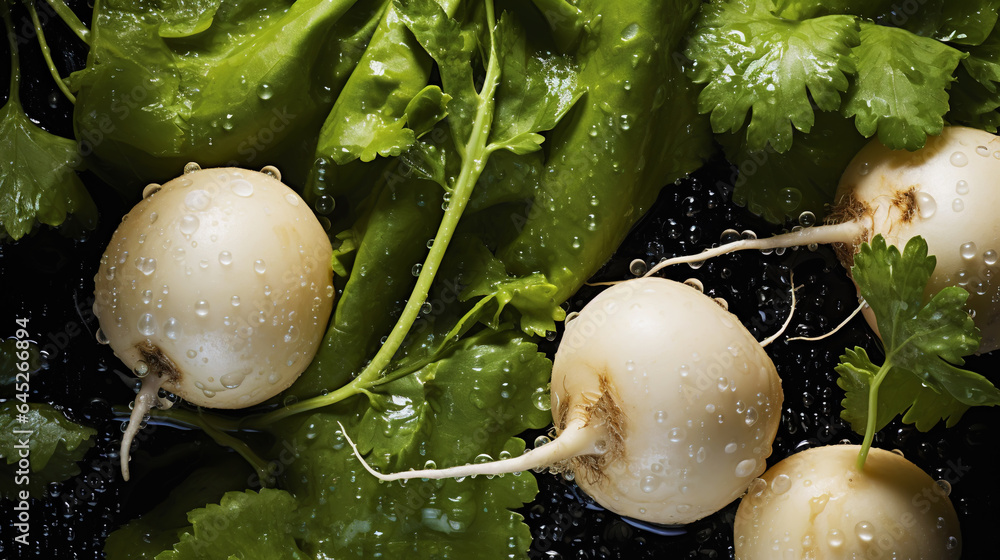 Fresh turnips with water drops background. Vegetables backdrop. Generative AI