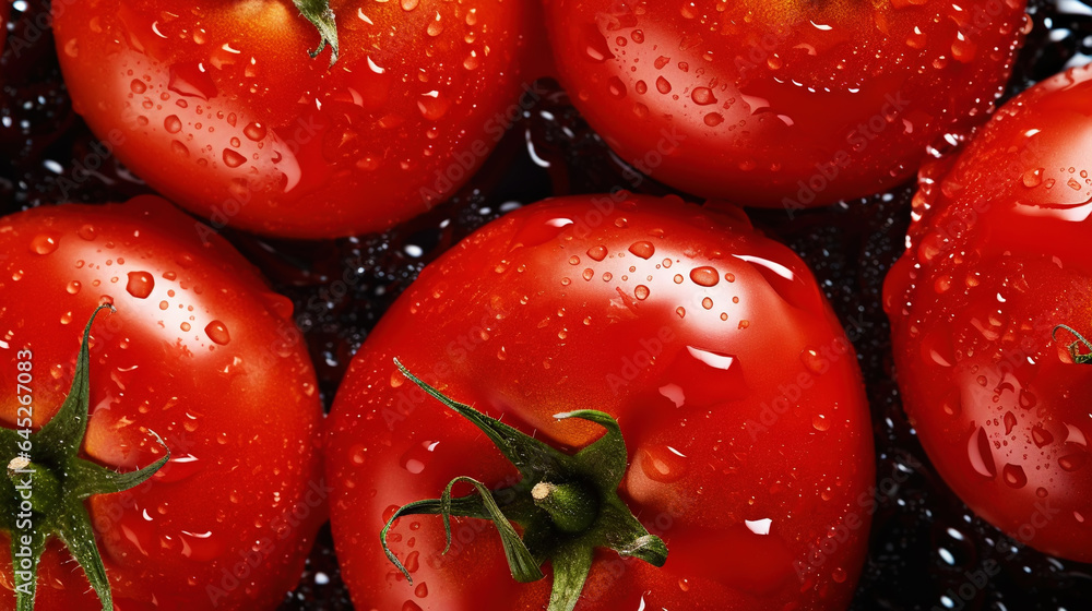 Fresh red tomatoes with water drops background. Vegetables backdrop. Generative AI