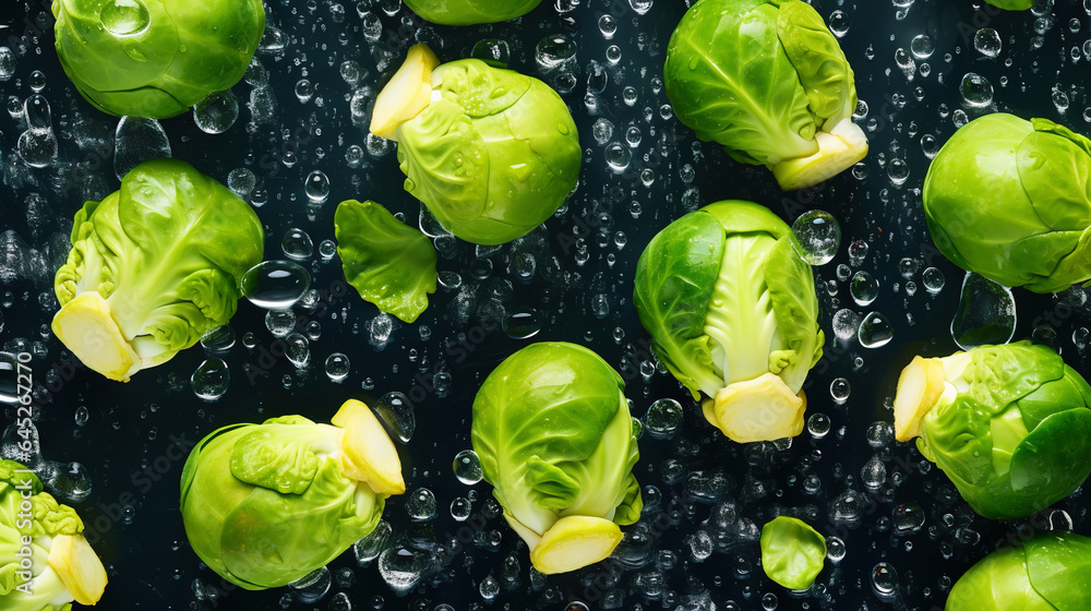 Fresh green brussels sprouts with water drops background. Vegetables backdrop. Generative AI