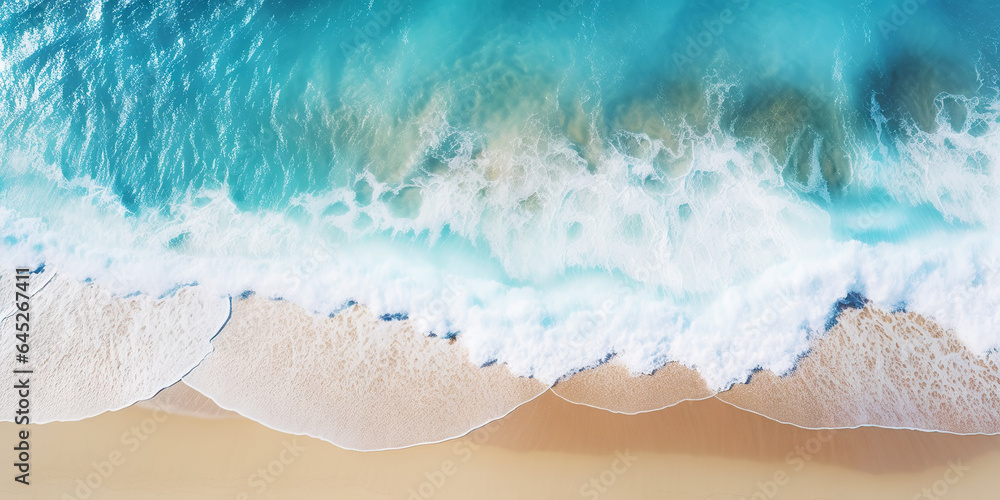 Top view oncoast with ocean waves. Blue water background. Summer seascape from air. Generative AI