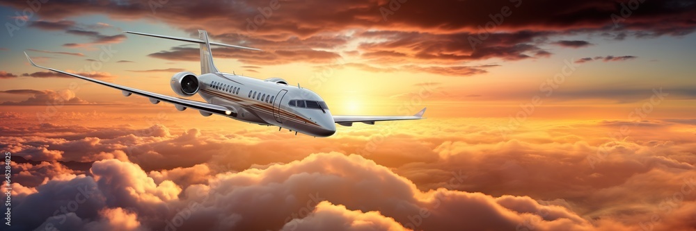 Luxury private jet flying above the clouds, beautiful sunset on background. Travel and airplane conc