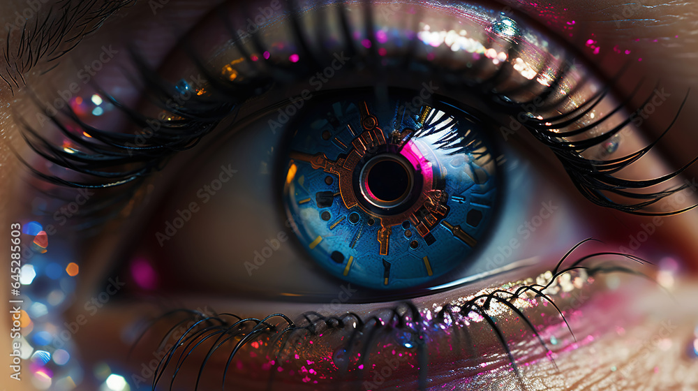 Female android robot eye close up. Digital iris of cyber woman. Bionic technology concept. Generativ