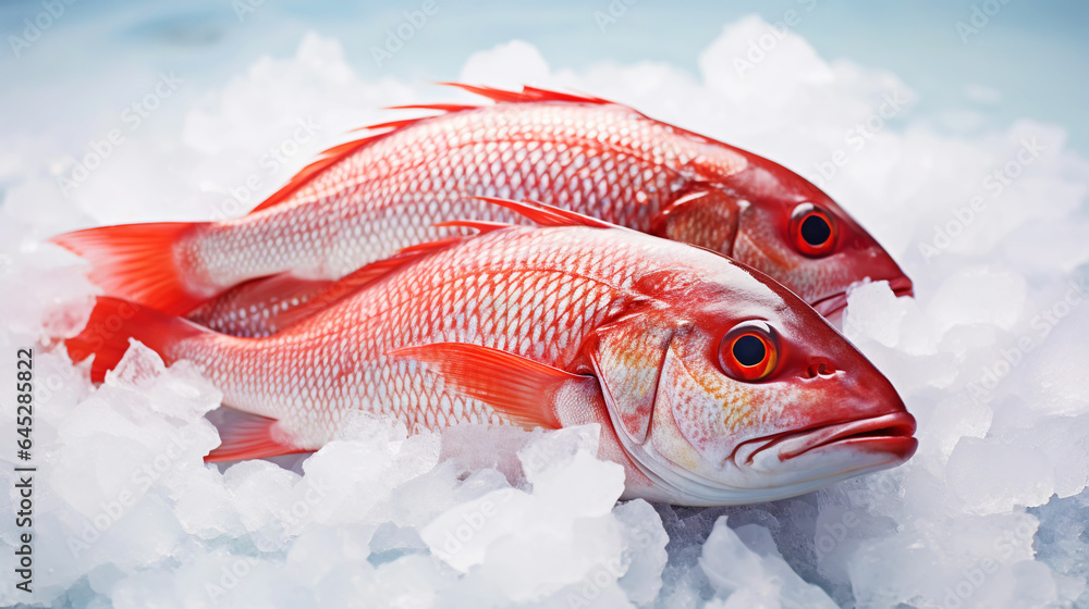 Red snapper fish catch in ice cubes. Seafood background. Generative AI