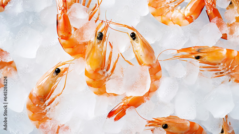 Top view of raw whole shrimps on ice. Seafood background. Generative AI