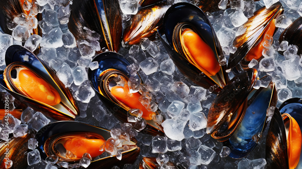 Raw Mussels on ice in the restaurant . Fresh seafood shellfish background. Generative AI