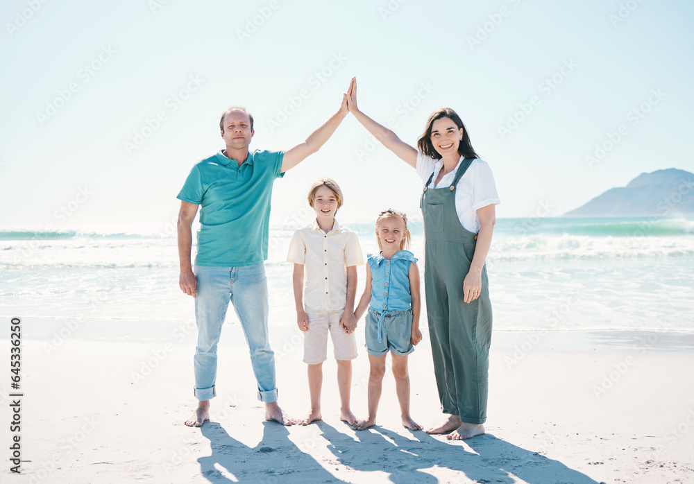 Happy family, portrait and beach for summer vacation, travel or outdoor holiday together. Father, mo