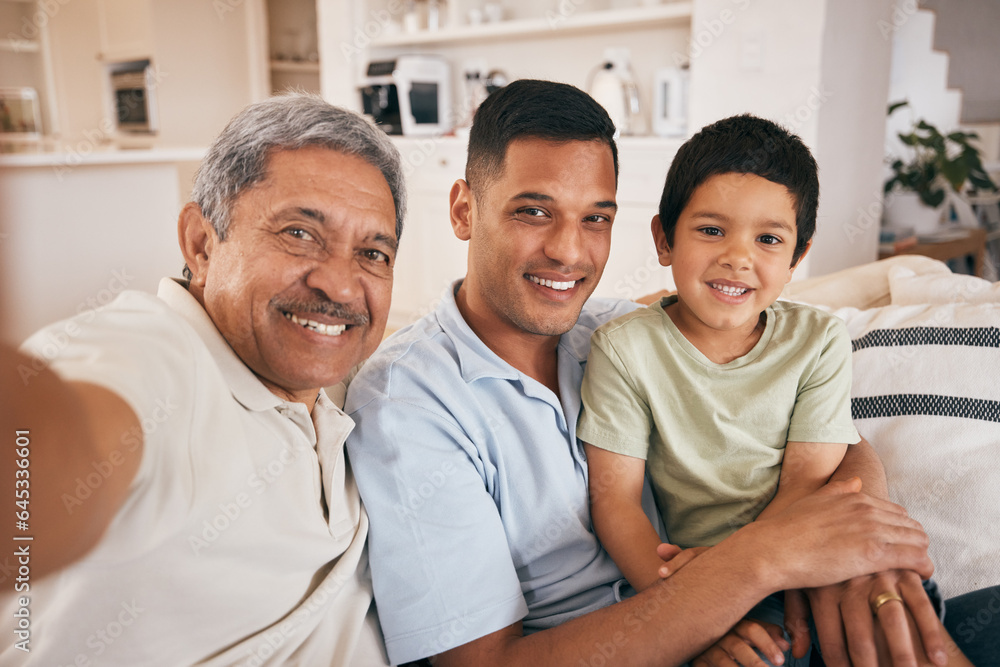 Family, selfie and living room with a smile, dad and child together with grandpa and love. Bonding, 