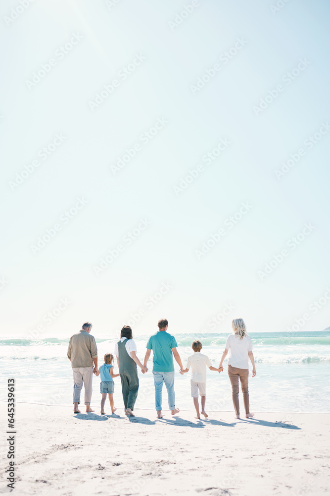 Big family, beach and summer vacation on mockup in travel, outdoor holiday or together on sunny day.