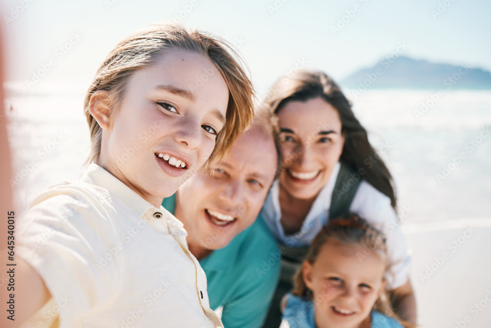 Parents, kids and beach selfie with smile, portrait or care with bonding, love and sunshine on vacat