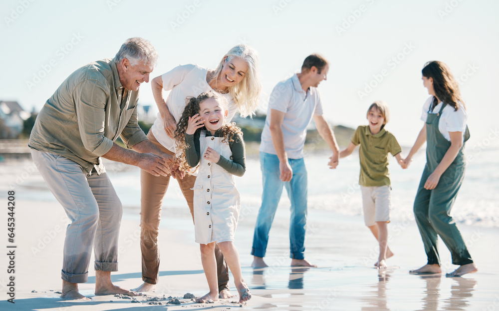 Grandparents, kids and big family with play at beach, comic laugh or bonding for love, sunshine or e