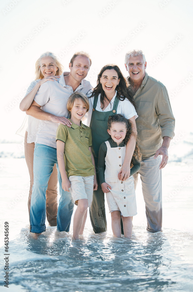 Grandparents, kids and big family with portrait at beach, hug or bonding for love, sunshine or excit