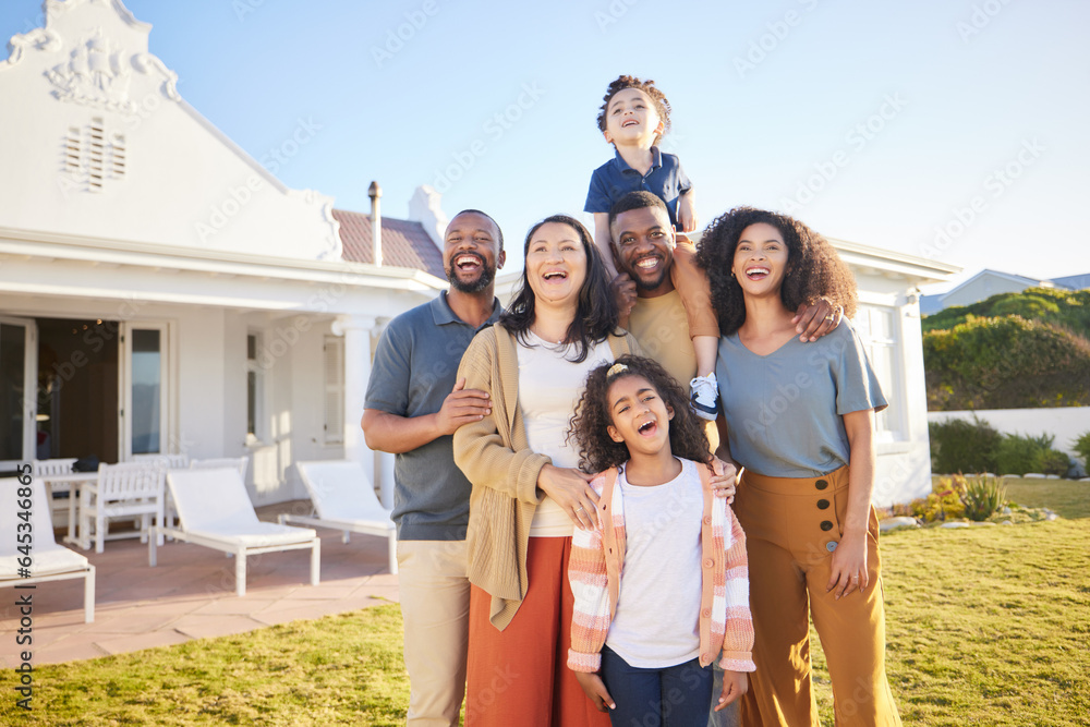 Parents, grandparents and children outdoor at a house laughing together on funny vacation in summer.