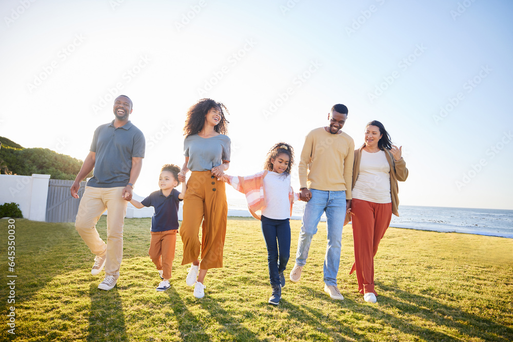 Nature, kids walking and happy family holding hands, bonding and connect on outdoor holiday, travel 