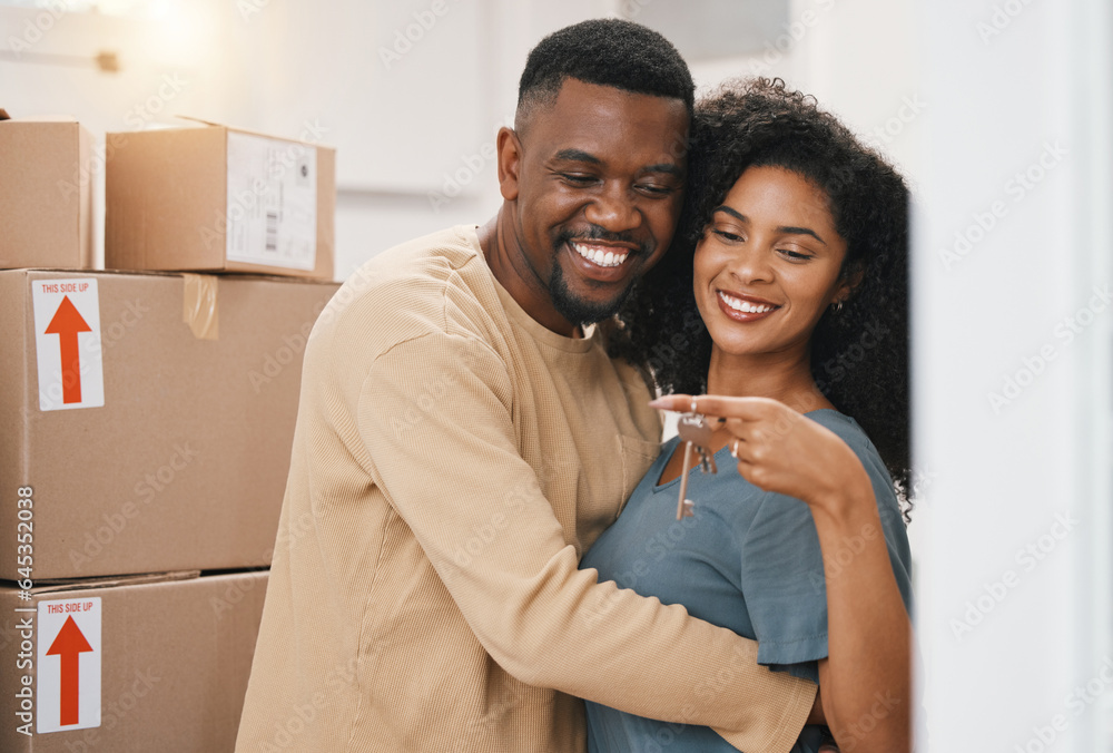 Happy black couple, keys and real estate for new home, property or investment in goals or mortgage t