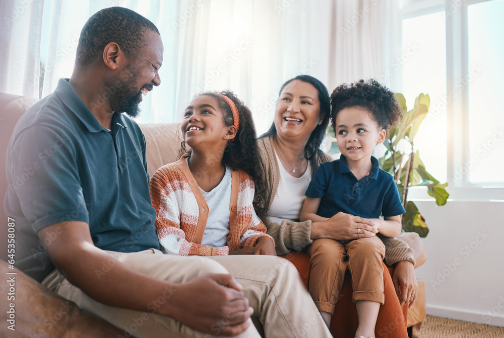 Family, grandparents and children on sofa with smile for bonding, relationship and love. Home, livin