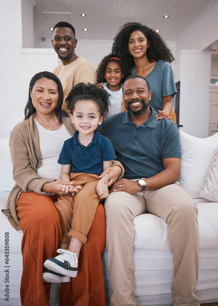 Family, grandparents and portrait of children on sofa with smile for bonding, relationship and love.