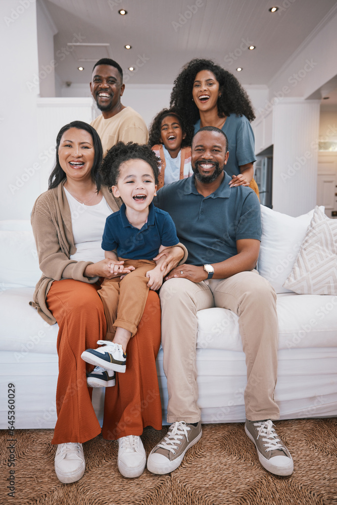 Happy family, grandparents and portrait of children on sofa smile for bonding, relationship and love