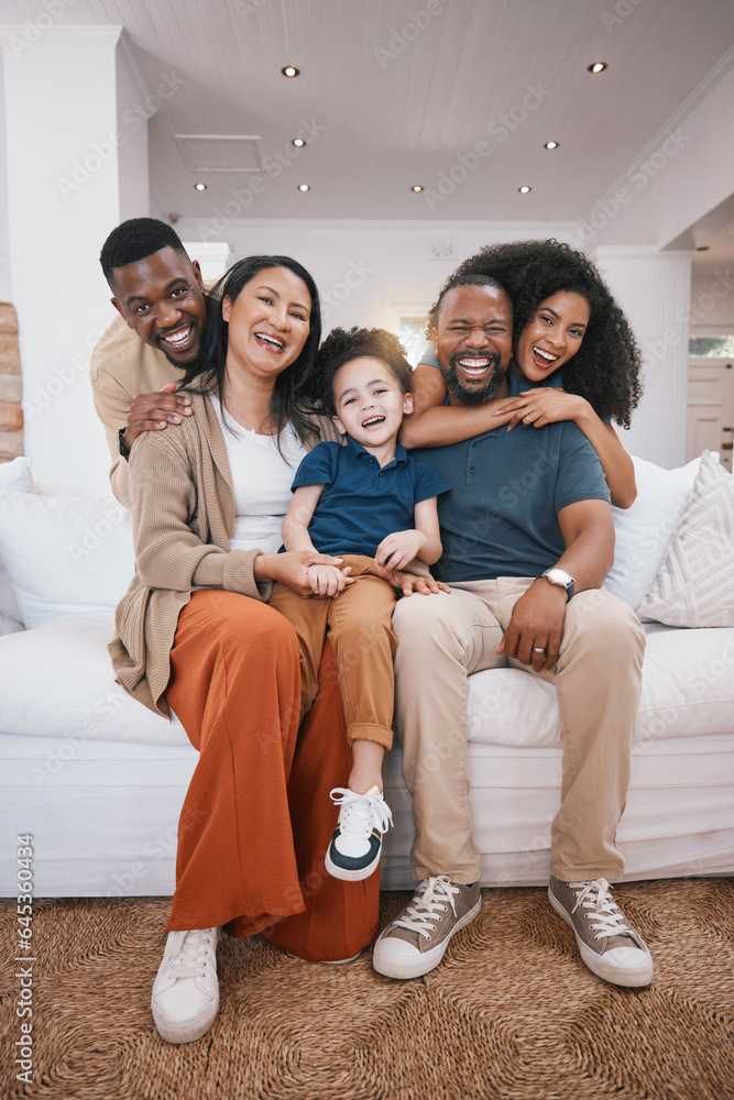 Happy, portrait and family generations on a sofa hugging in the living room of modern house. Love, s