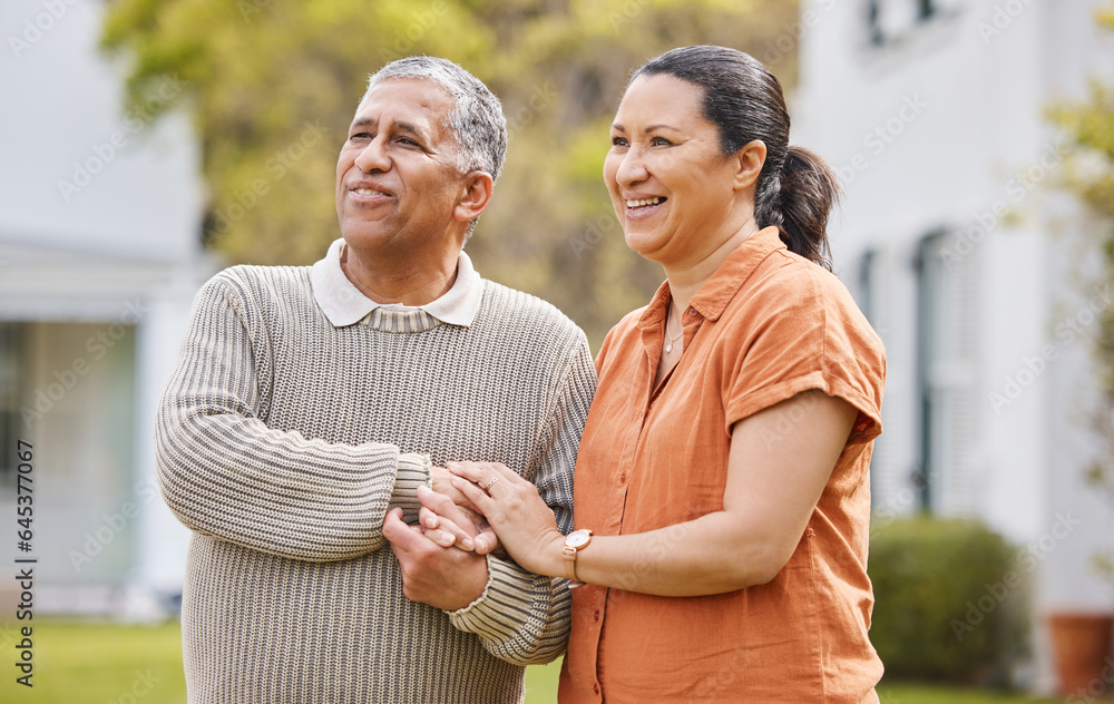 Love, happy and support with old couple holding hands for trust, romance or bonding. Retirement, smi