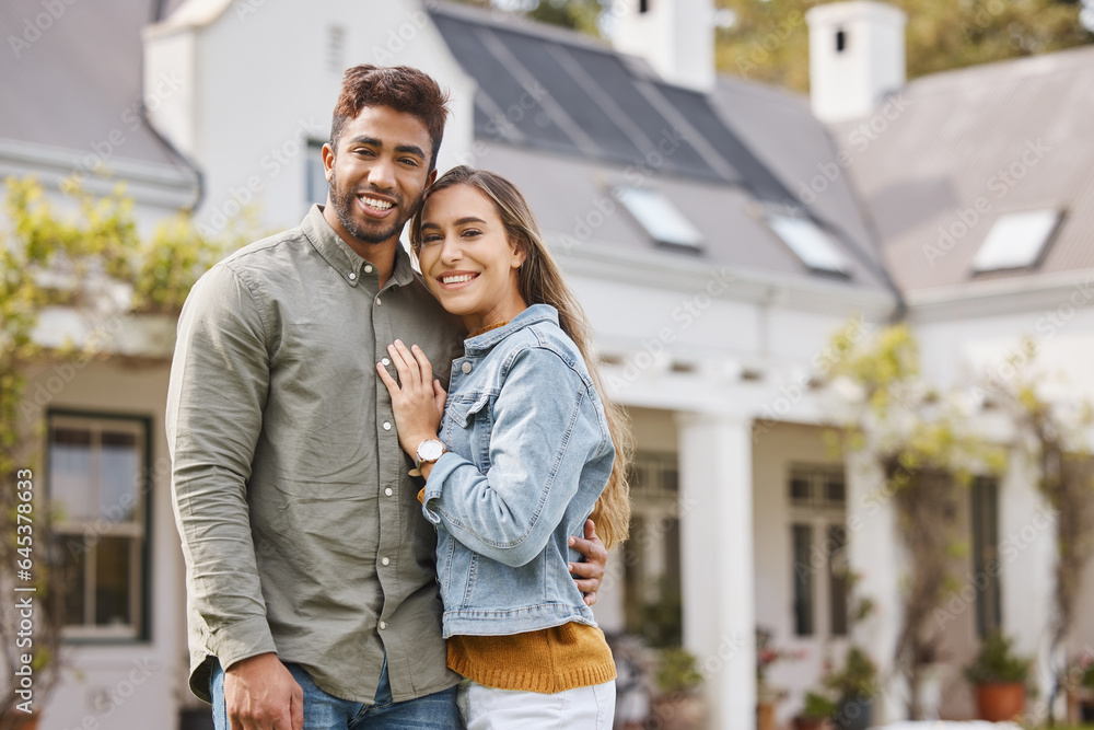 Portrait, smile of couple and outdoor at new home, bonding and having fun together. Love, happy man 