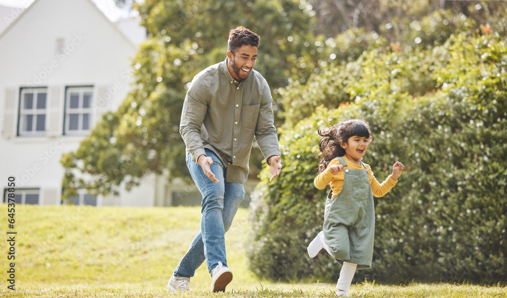 Happy, family running and garden of new home with love, support and fun with dad and kid. Backyard, 