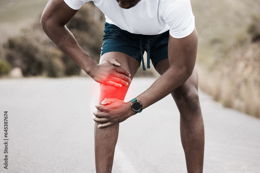 Runner man, knee pain and injury in street, red glow overlay and emergency with training, fitness an