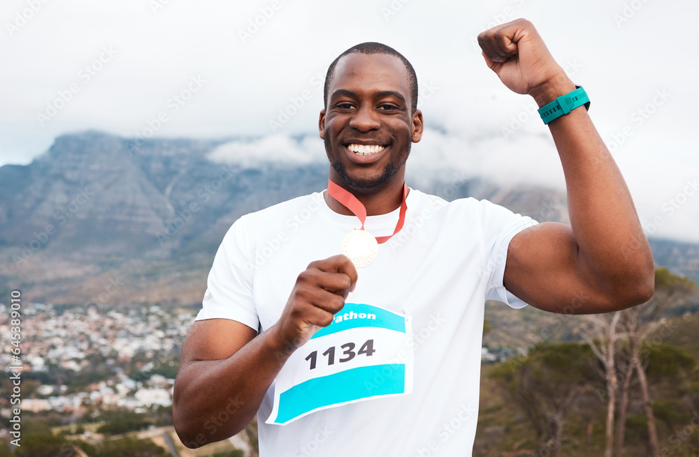 Runner man, celebration and medal in portrait for marathon, competition or race with smile in Cape T