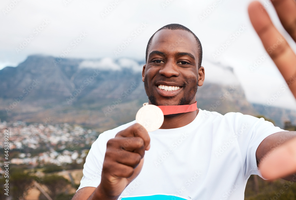 Runner man, medal and selfie for portrait at marathon, competition or celebration with smile in Cape