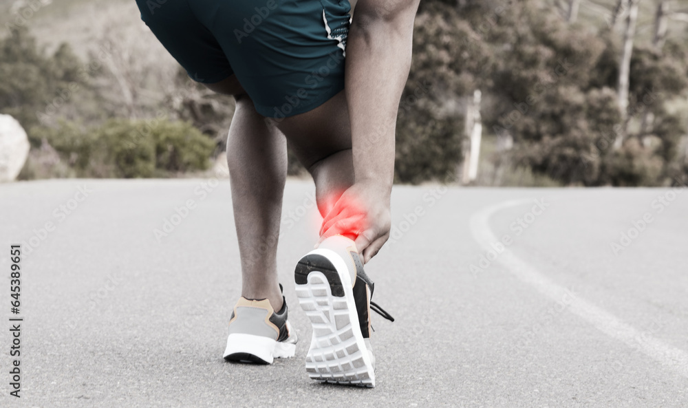 Fitness, injury or runner with ankle pain on road to exercise legs in training or outdoor cardio wor