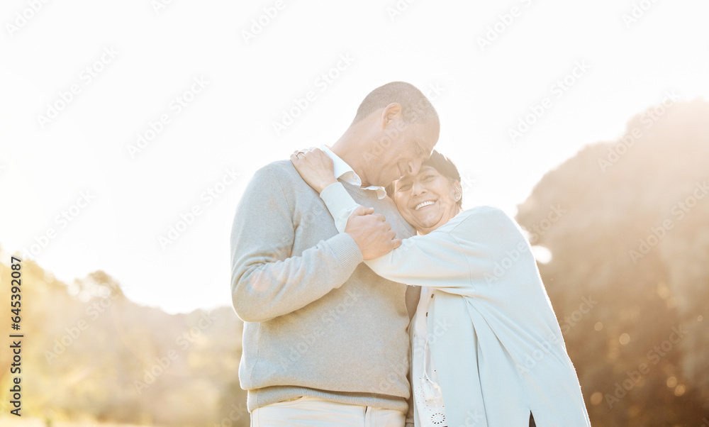 Nature, sunset and senior couple hugging, laughing and bonding on a romantic date in a park. Happy, 