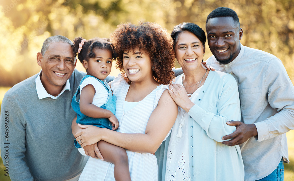 Smile, portrait and child with grandparents and parents in an outdoor park for adventure, holiday or