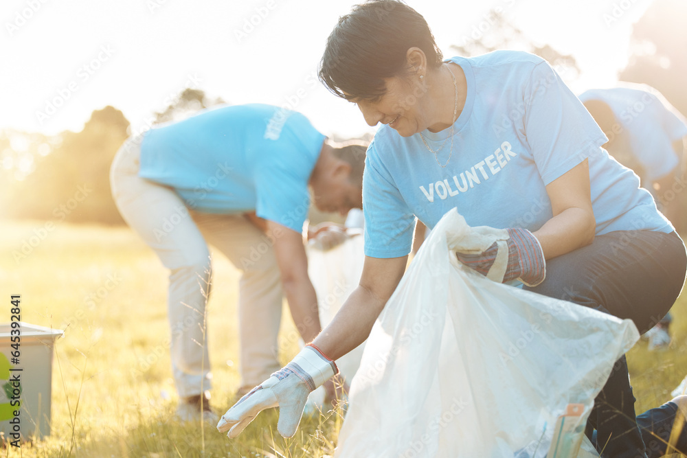 Nature recycling, community service volunteer and happy woman cleaning garbage, trash or pollution. 