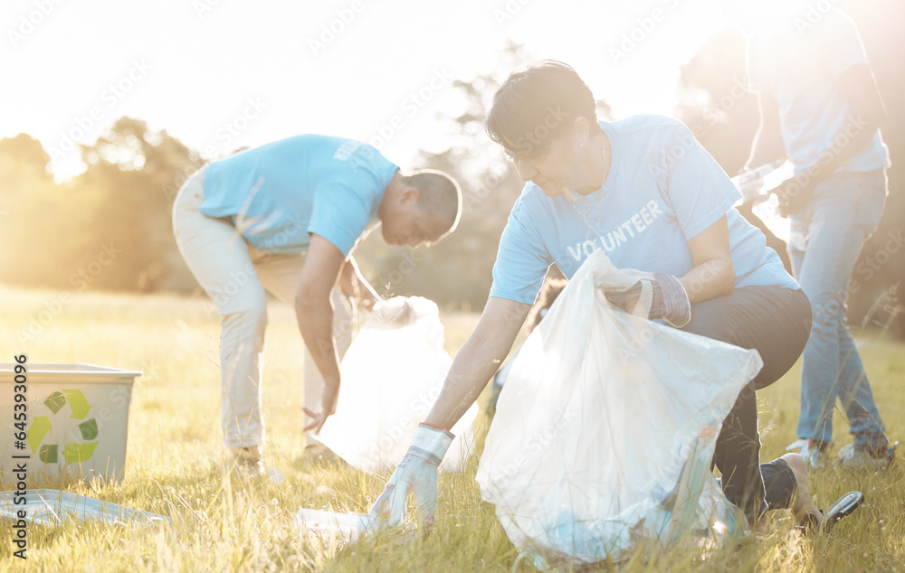 Nature recycling, community service volunteer and woman cleaning garbage, grass field trash or plast