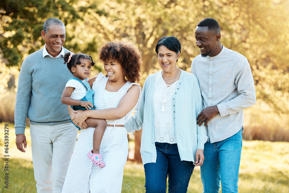 Nature, walking and family generations in a park for bonding, having fun and talking together. Happy