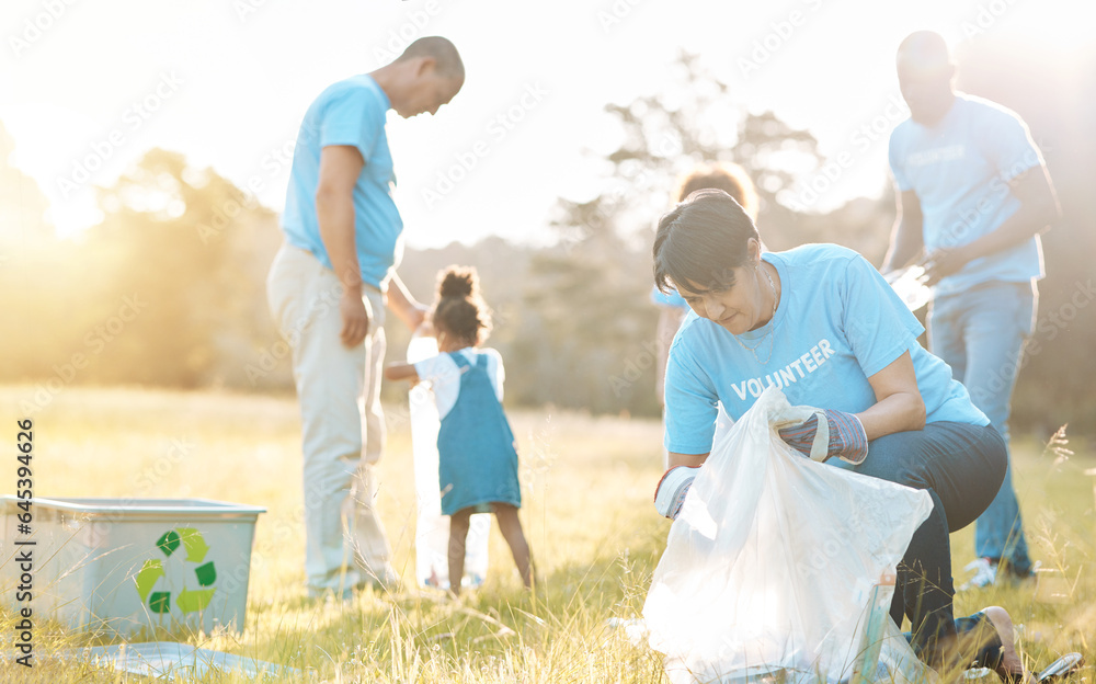 Nature recycling, community volunteer and people cleaning garbage pollution, waste and team environm