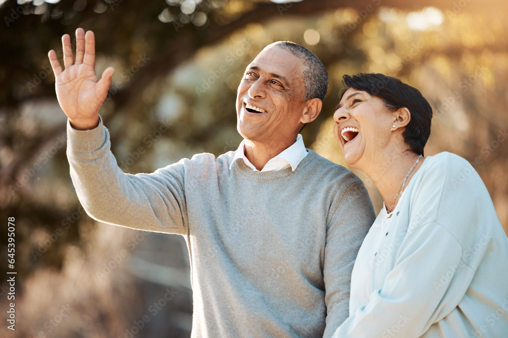 Happy, laugh and senior couple in a park on an outdoor date for romance, bonding or love. Smile, tal