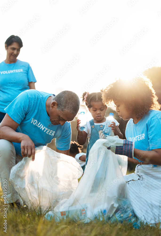 Nature activist, volunteering and family cleaning garbage pollution, trash litter or throw plastic b