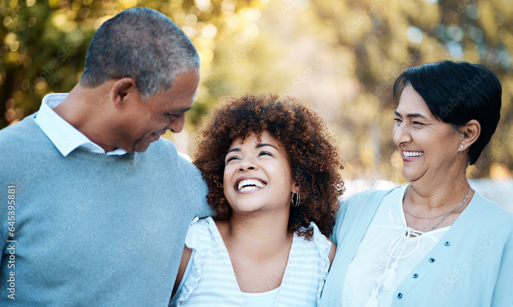 Love, happy and woman with senior parents in an outdoor park for adventure, holiday or weekend trip.