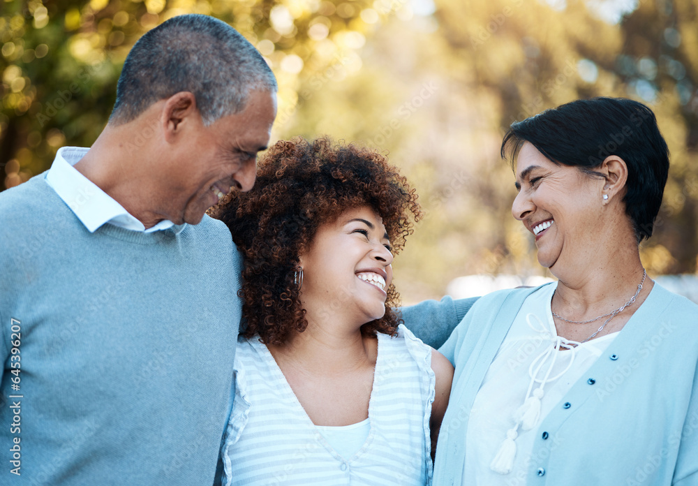 Happy, smile and woman with senior parents in an outdoor park for adventure, holiday or weekend trip