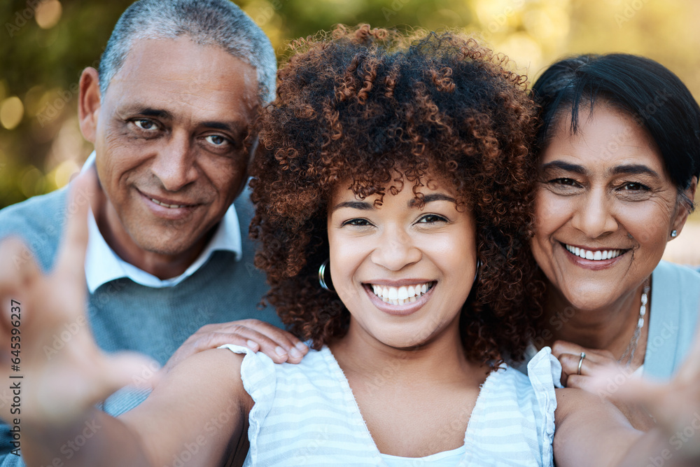 Selfie, portrait and woman with senior parents in an outdoor park for adventure, holiday or weekend 