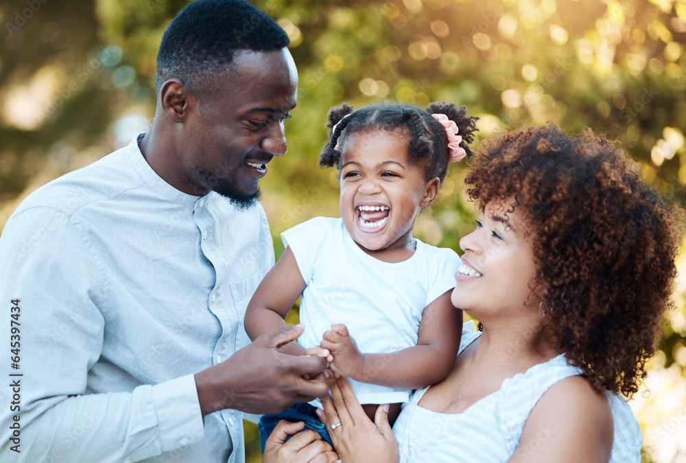 Diversity, love and children with a family laughing outdoor in a garden together for support, comedy