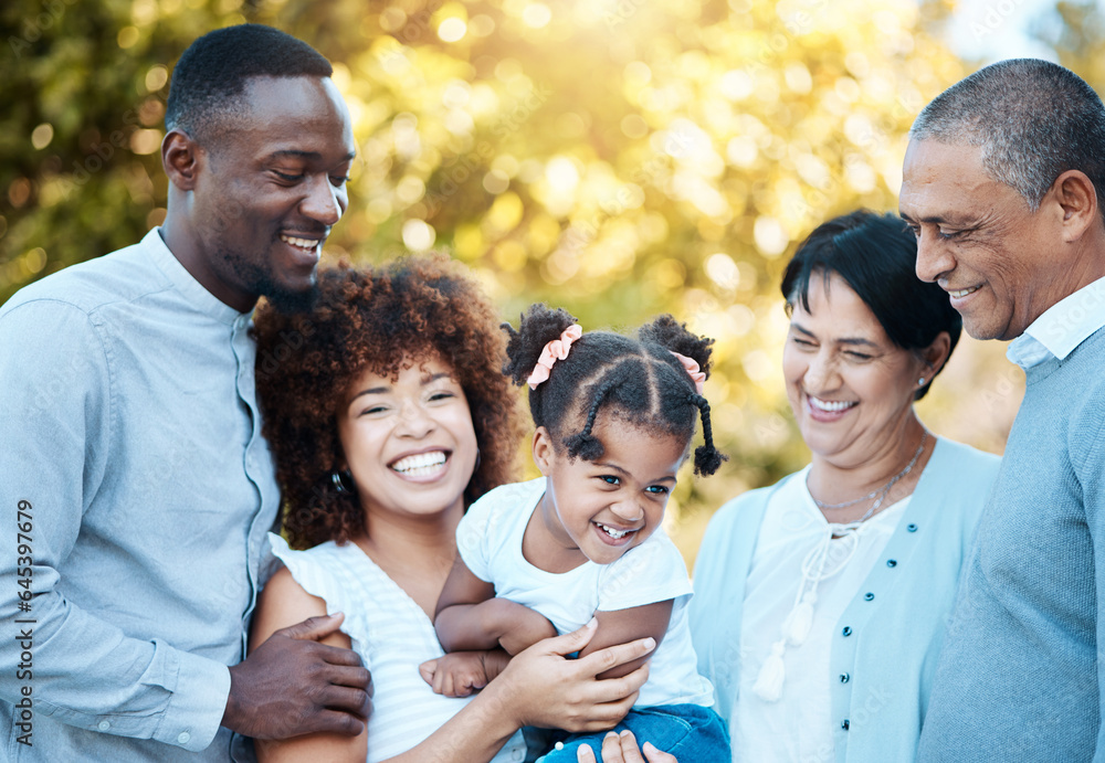 Happy, love and family generations in nature at an outdoor park together for bonding. Smile, fun and