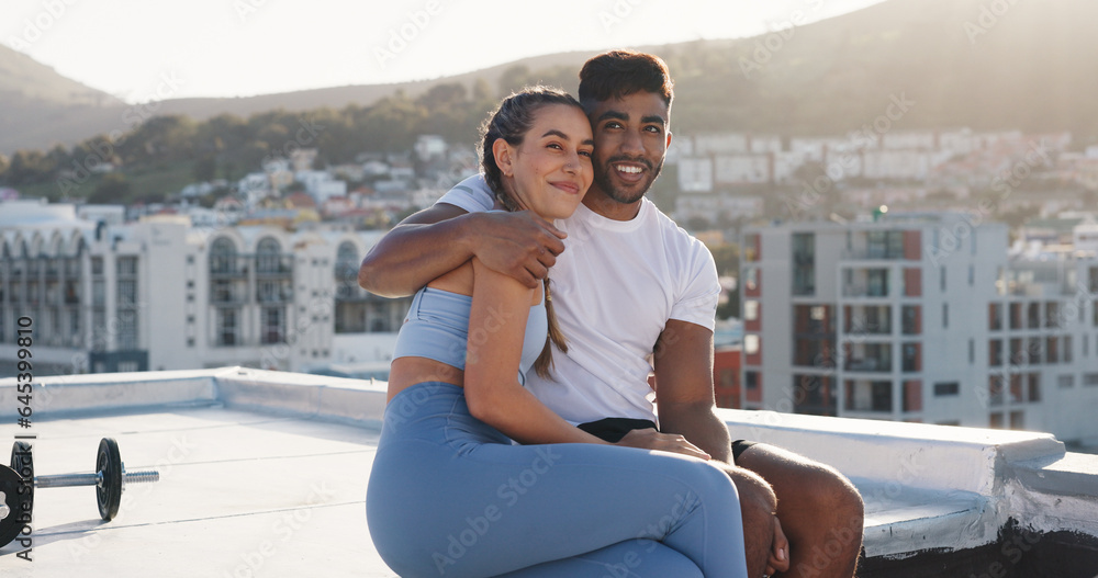 Fitness, couple for hug during exercise, workout or training together in the urban city. Happy woman