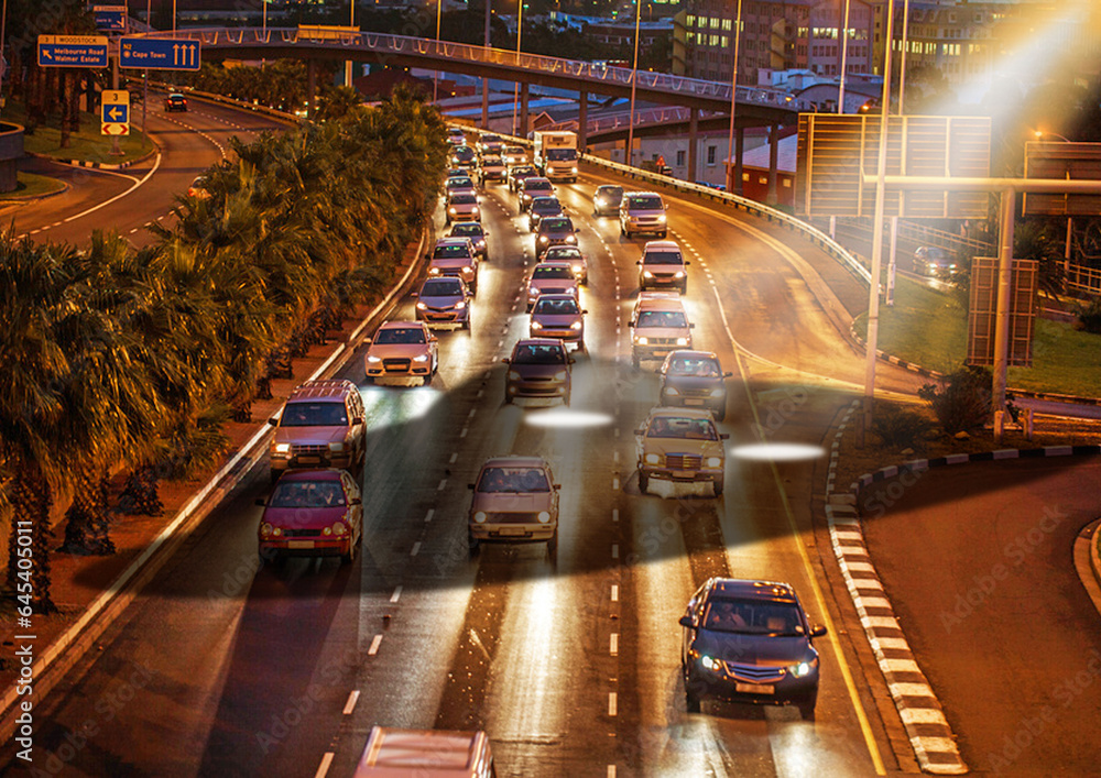 Ufo, spaceship light and traffic in city at night for alien mission, science fiction and fantasy in 