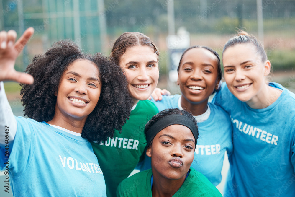 Volunteer, woman and portrait for charity and community support on netball field with diversity and 