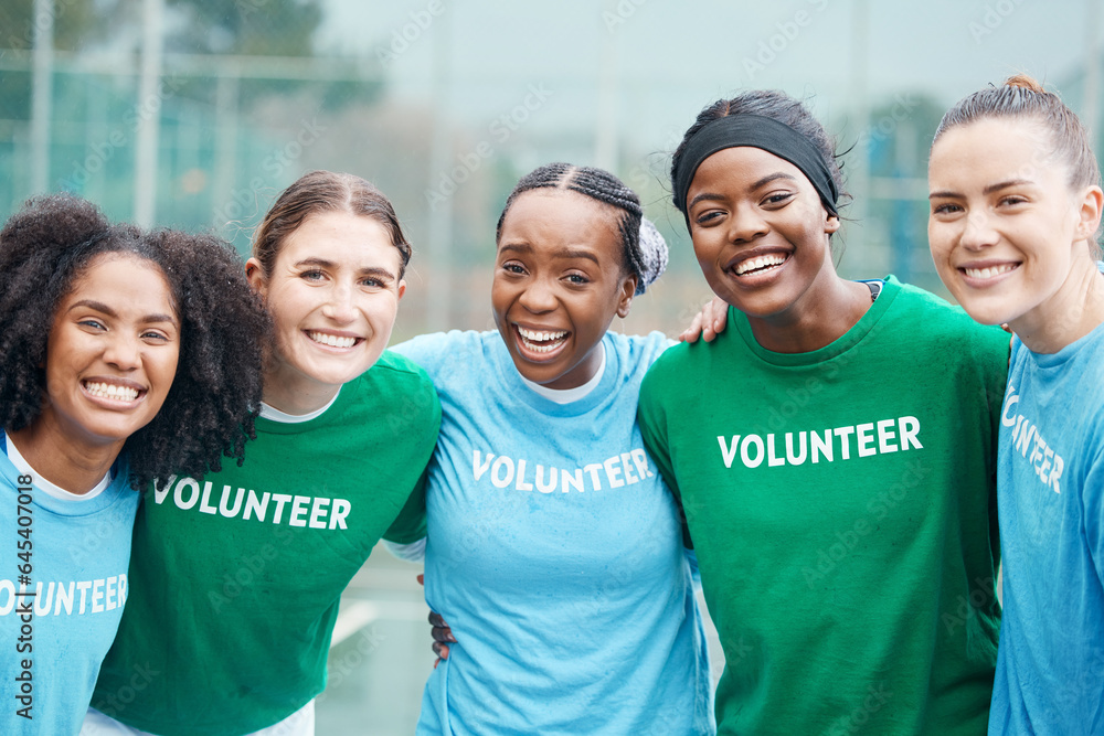 Happy women, portrait and volunteers in sports fitness, netball or outdoor exercise together for com