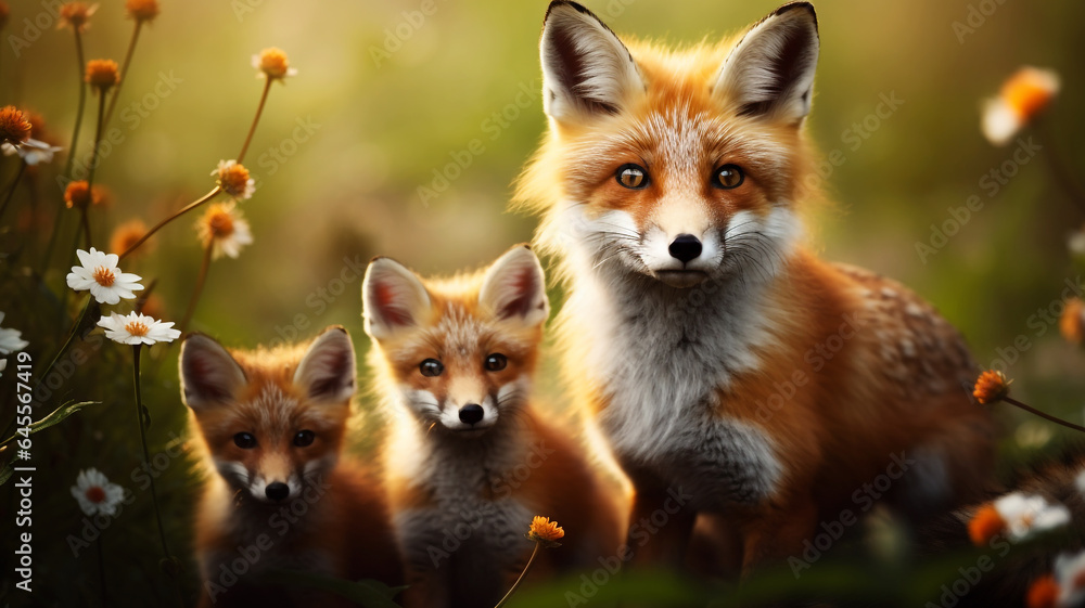 Mother fox with her cubs surrounded by flowers