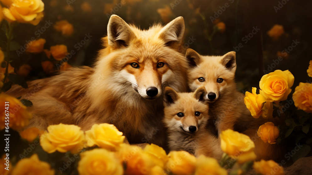 Mother fox with her cubs surrounded by flowers