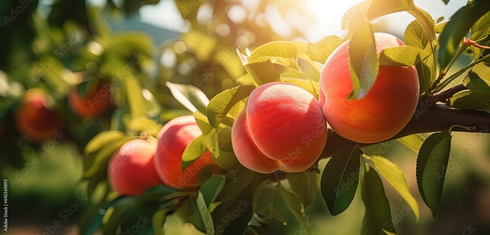 beautiful ripe big peach fruit with light flare glow , Generative Ai	 