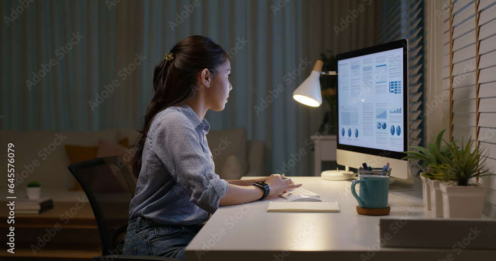 Young asia woman talent workforce people happy work hard late night busy sit at home office desk rea